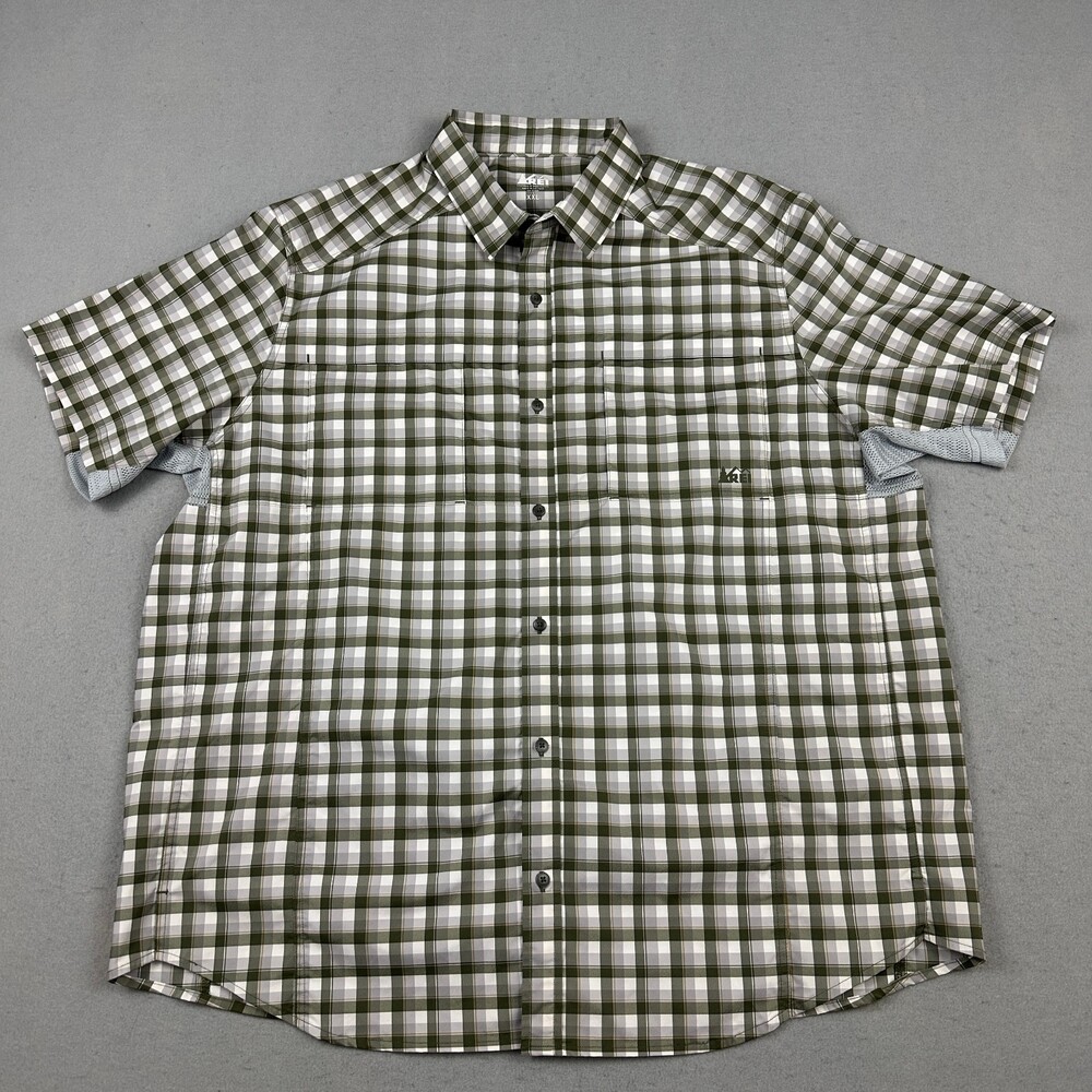 REI Shirt Men 2XL Green Check Short Sleeve Technical Breathable Hiking Outdoor